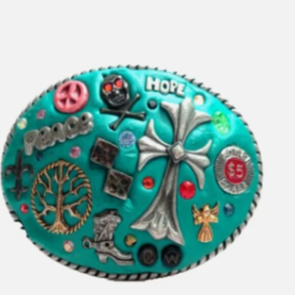 One-of-a-Kind Handcrafted Clay Belt Buckle Peace Skull Cross Vegas Hippie main image 10